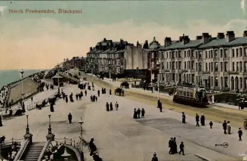 Ak Blackpool Lancashire England, North Promenades, Küstenansicht, Menschen, Straßenbahn
