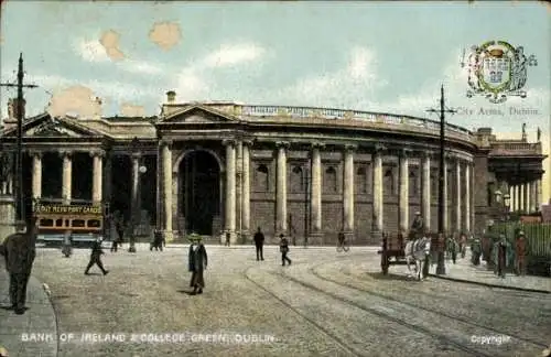 Ak Dublin Irland, Bank of Ireland, College Green, Straßenansicht, Straßenbahn