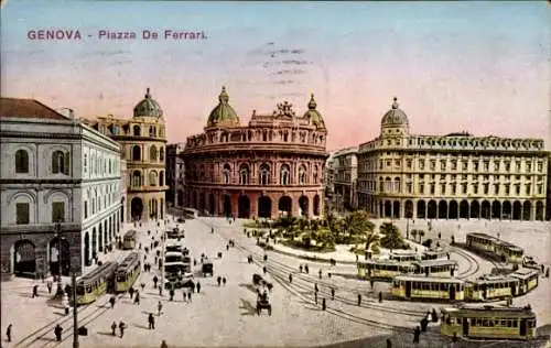 Ak Genova Genua Liguria, Piazza De Ferrari,  Architektur, Straßenbahnen, belebter Platz