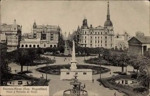 Ak Buenos Aires Argentinien, Plaza y Avenida de Mayo,  Gebäude, Springbrunnen, Stadtansicht