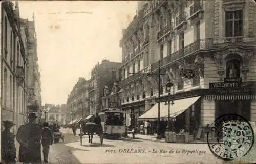 Ak Orléans Loiret, Straßenansicht mit Geschäften, Straßenbahn, Pferdewagen, Menschen