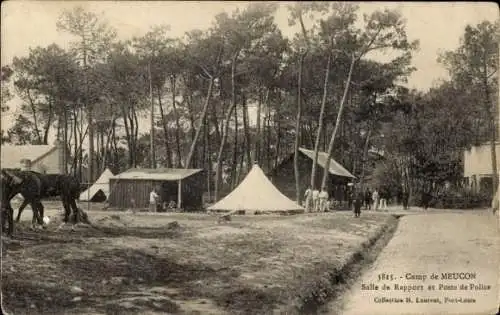 Ak Meucon Morbihan, Lager mit Zelten, Bäumen, Pferd, Soldaten, Polizeistation