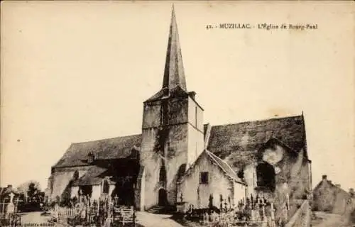 Ak Muzillac Morbihan, Eglise de Bourg-Paul,  Kirche, Spitzturm, Friedhof