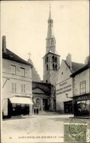 CPA Saint Pourcain sur Sioule Allier, Église, Epicerie Confiserie