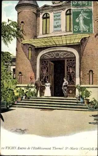 Ak Vichy Allier, Etablissement Thermal St-Marie, Eingang, 3 Personen, botanischer Garten