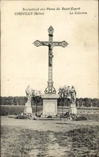 Ak Chevilly Val de Marne, Kreuz mit Jesus, zwei Statuen, Blumenbeet, Landschaft