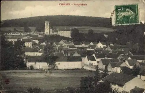 Ak Andryes Yonne, Blick auf  Kirche im Hintergrund, viele Dächer, ländliche Umgebung