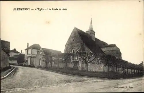 Ak Fleurigny Yonne, L'Eglise et la Route de Sens,  Architektur, ländliche Landschaft