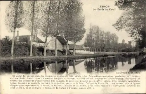 Ak Esnon Yonne, Kanalansicht, Baumreihen, ruhiges Gewässer, Gebäude am Ufer, französischer Text