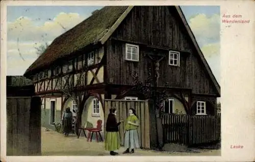Ak Laske, Wendenland, Wendische Tracht, Wohnhaus