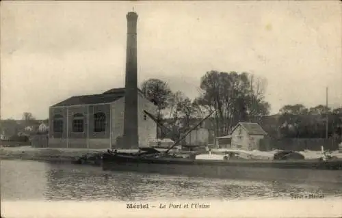 Ak Meriel Val d’Oise, Industriegebäude, Hafen, Schornstein, Wasserstraße