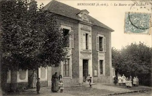 Ak Menucourt Val d’Oise, Historisches Rathaus, Schulen, Menschen, Bäume, 