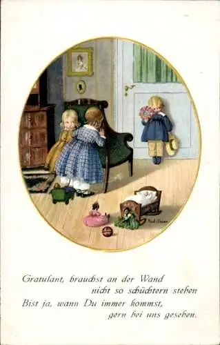 Künstler Litho Ebner, Pauli, Mädchen verstecken sich vor einem Jungen, Munk 1228