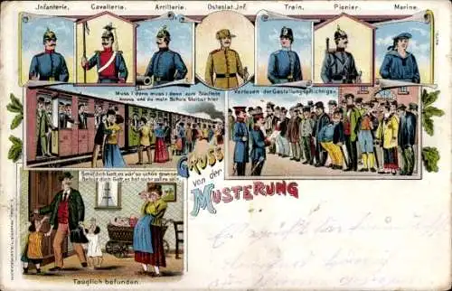 Litho Rekruten bei der Musterung, Infanterie, Kavallerie, Artillerie, Train, Ostasiat. Inf., Marine