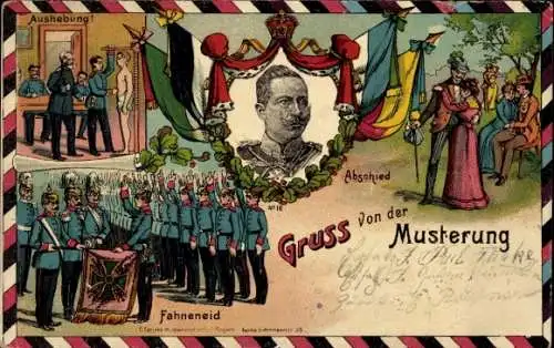 Litho Musterung, Aushebung, Abschied, Fahneneid, Kaiser Wilhelm II