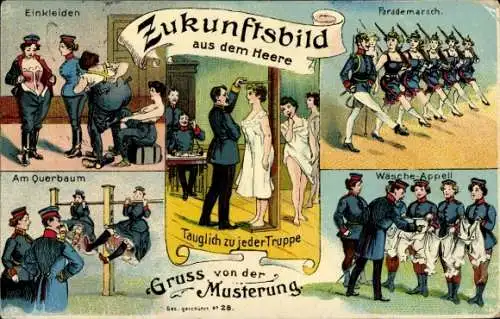 Litho Zukunftsbild der Infanterie, Gruß von der Musterung, Frauen beim Militär