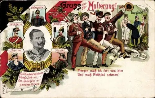 Litho Kaiser Wilhelm II., Aushebung, Morgen muss ich fort..., Marinesoldat, Kavallerist
