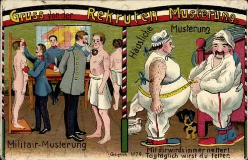 Litho Rekruten-Musterung, Militair-Musterung, häusliche Musterung, tagtäglich wirst du fetter