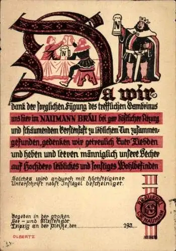 Künstler Ak Leipzig, Naumann Bräu, Neumarkt, Kupfergasse, Urkunde