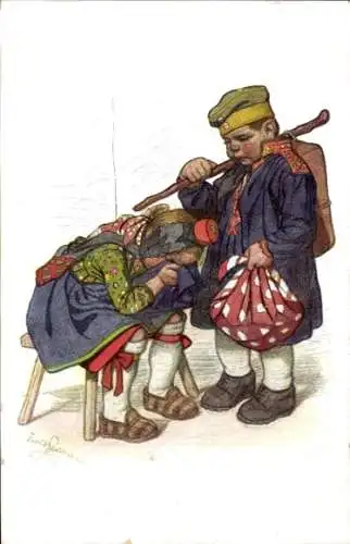 Künstler Ak Beithan, Emil, Soldat nimmt Abschied von Frau in hessischer Tracht