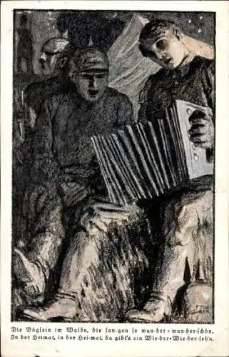 Künstler Ak Staeber, F., Die Vöglein im Walde, die sangen so wunderschön, Soldat, Akkordeon, I. WK