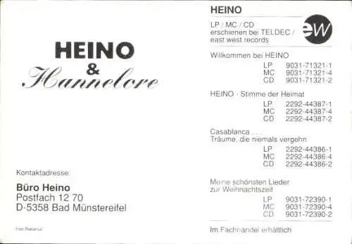 Ak Sänger Heino und Hannelore Kramm, Autogramm