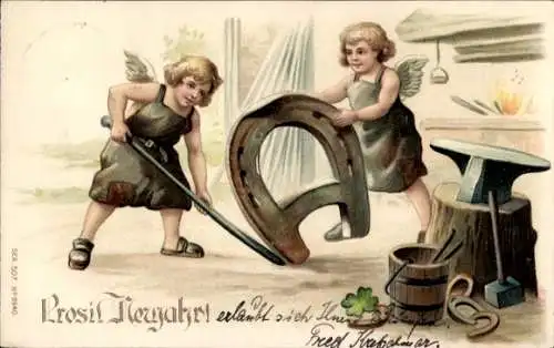 Präge Litho Glückwunsch Neujahr, Engel als Schmiede, Hufeisen