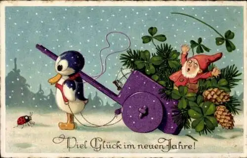 Ak Glückwunsch Neujahr, Kleeblatt, Zwerg, Holzpinguin