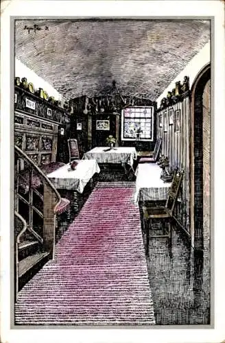 Ak Kempten im Allgäu Schwaben, Innenansicht eines Weinhauses, Frühstücksstube, Tische mit weißen 