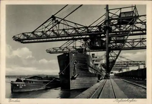 Ak Emden, Außenhafen, Dampfer, Kräne