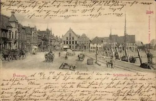 Ak Husum in Nordfriesland, Hafenansicht,  Architektur, Kutschen, Schiffbrücke