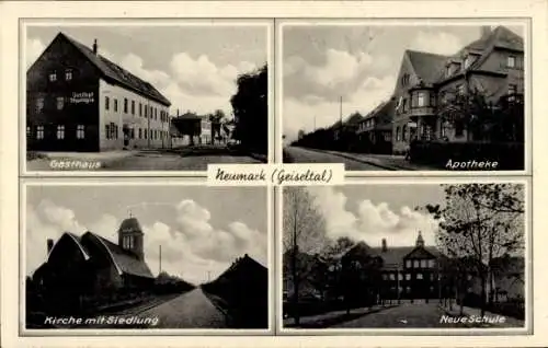 Ak Neumark im Geiseltal Braunsbedra im Saalekreis Gasthaus, Apotheke, Kirche, Siedlung, Neue Schule