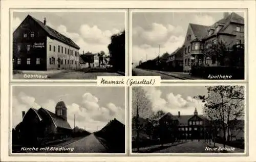 Ak Neumark im Geiseltal Braunsbedra, Gasthof Thuringia, Apotheke, Kirche, Siedlung, Neue Schule