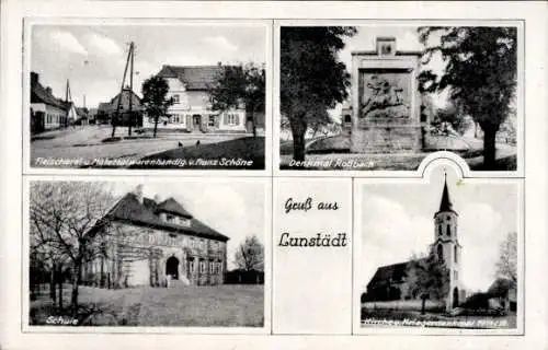 Ak Lunstädt Braunsbedra im Saalekreis, Fleischerei Franz Schöne, Denkmal Roßbach, Schule