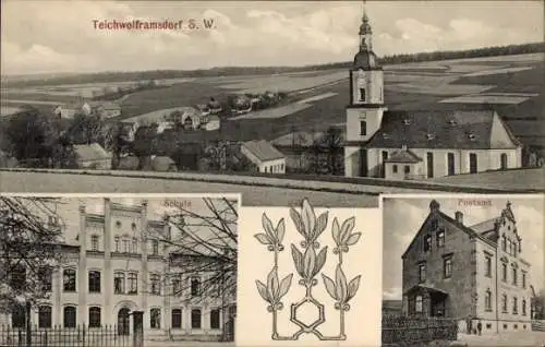 Ak Teichwolframsdorf in Thüringen, Landschaft, Kirche, Schule, Postamt, Teichwolframsdorf S.W.
