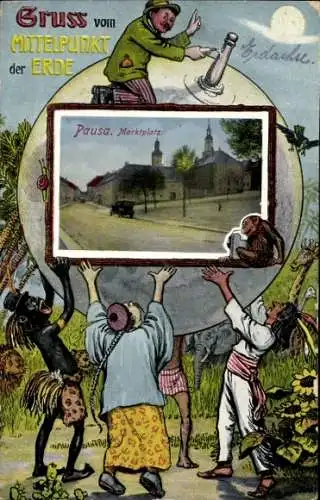 Ak Pausa im Vogtland, Gruß vom Mittelpunkt der Erde, bunte Illustrationen, Marktplatz