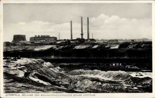 Ak Bitterfeld in Sachsen Anhalt,  Braunkohleindustrie, Grube Leopold, Industriegebäude, Landschaf