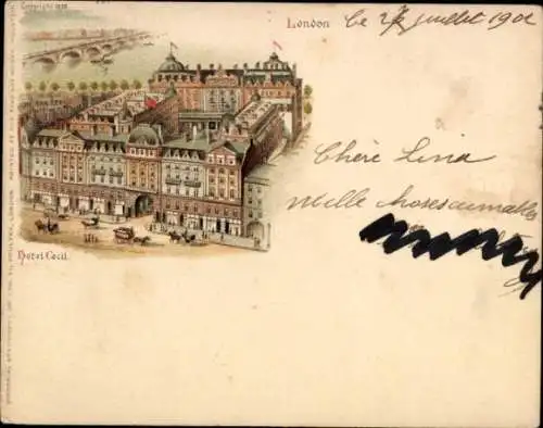 Litho London England, Hotel Cecil