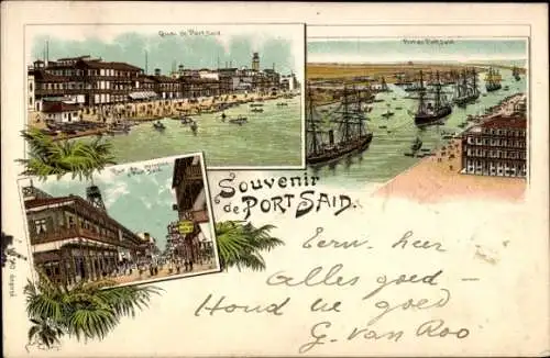 Litho Port Said Ägypten, Hafen, Straßenpartie, Suez-Kanal