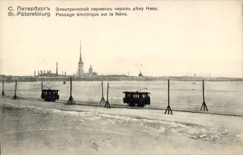 Ak Sankt Petersburg Russland, Elektrische Straßenbahn auf der zugefrorenen Newa, Winter