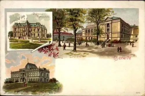 Litho Genève Genf Stadt, Chateau Rothschild, L'Universite, Musee Ariana