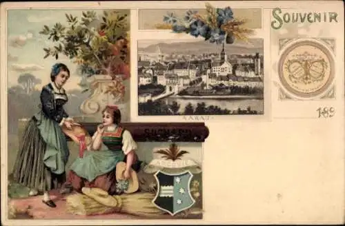 Wappen Litho Aarau Kanton Aargau, Reklame, Chocolat Suchard, Frauen in Trachten, Stadtansicht