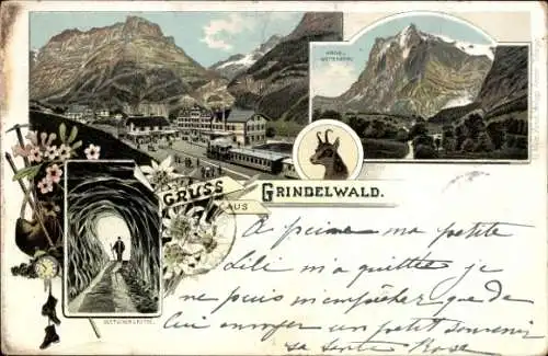 Litho Grindelwald Kanton Bern, Panorama, Bahnhof, Wetterhorn, Gletschergrotte