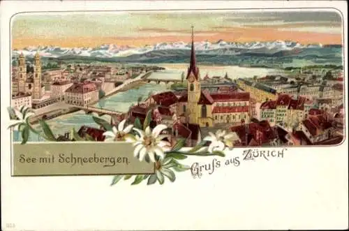 Litho Zürich Stadt Schweiz, Panorama, See mit Schneebergen