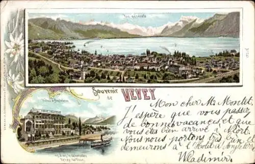 Litho Vevey Kanton Waadt, Panorama, Hotel d'Angleterre