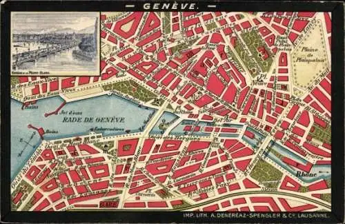 Stadtplan Ak Genf Stadt Schweiz, Panorama, Brücke, Mont Blanc, Place Neuve, Plaine de Plainpalais