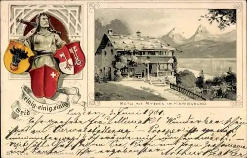 Präge Wappen Litho Rütli Seelisberg Kanton Uri, Mythen, Wilhelm Tell, Seid einig, einig, einig