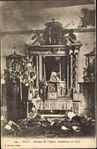 Ak Illy Ardennes, Innenraum der Kirche, Krankenwagen im Jahr 1870
