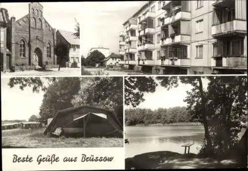 Ak Brüssow in der Uckermark, Kirche, Wohnhäuser, Zelt, Flussufer, Wald
