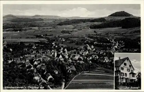 Ak Wäschenbeuren in Württemberg, Luftaufnahme von  Berg im Hintergrund, Gebäude rechts